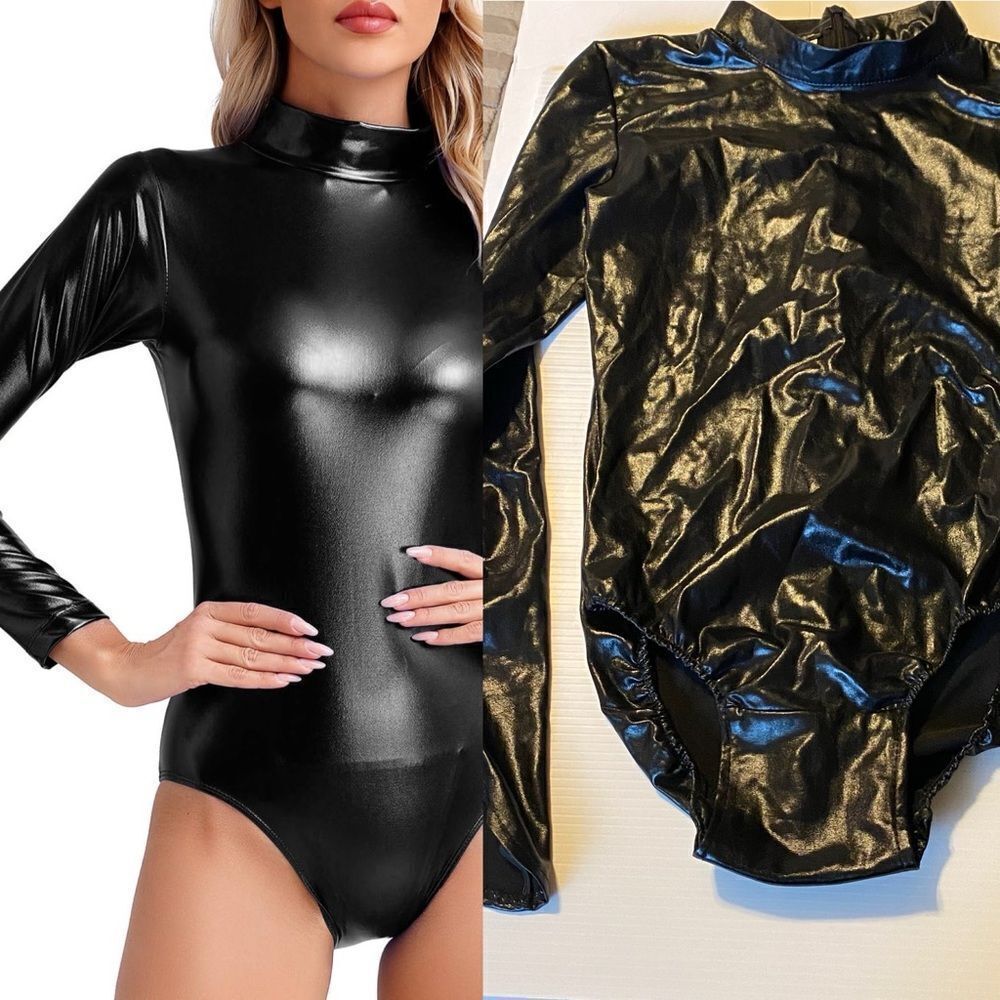 Black Faux leather sexy stretch rave costume bodysuit leotard cosplay Festival S